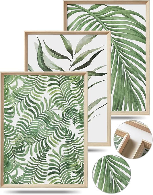 UPWOIGH Framed Green Wall Art(No Plexiglass), Palm Leaves Canvas Wall Art,16x12in Botanical Wood Bohemia Sage Wall Decor Prints Artworks for Living Room Bedroom, Plant Neutral Wall Decor Set of 3