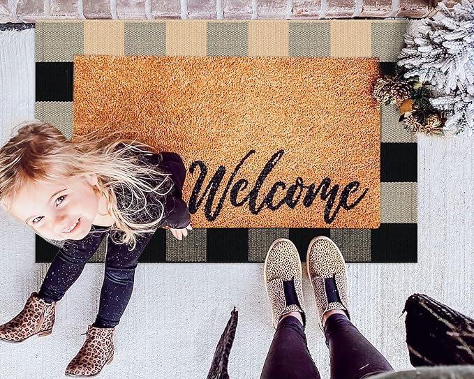 KOZYFLY Buffalo Plaid Area Rugs 2x3 Ft Brown and Black Checkered Rugs Washable Front Door Mat Hand Woven Cotton Outdoor Small Rug for Front Porch Kitchen Entryway Patio Bathroom