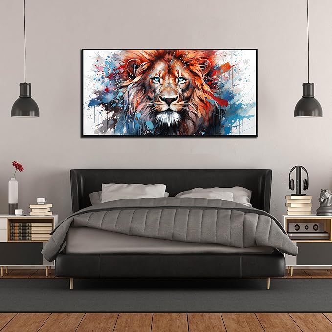 ZHAOSHOP Colorful Lion Wall Art for Living Room - Modern Wall Decor for Office - Teen Bedroom Decor with Black Framed Size 24" x 48"