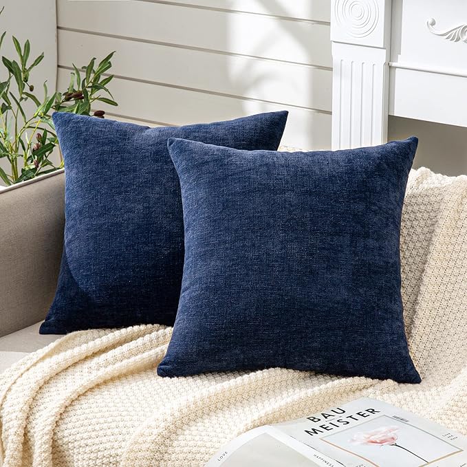 GAWAMAY Decorative Chenille Throw Pillow Covers 24x24 Inch Pack of 2, Soft Square Couch Pillow Cover for Sofa Cushion Living Room Bedroom Solid Dyed Pillowcases Navy Blue 60x60cm (ONLY Covers)
