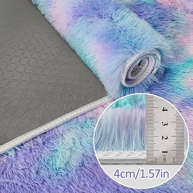 Super Soft Fluffy Living Room Area Rug 3x10 ft Purple Rainbow Tie-Dyed Shaggy Furry Carpet Washable Non-Slip Carpets Bedroom Bedside Nursery Rug Cute Colorful Room Decor for Girls