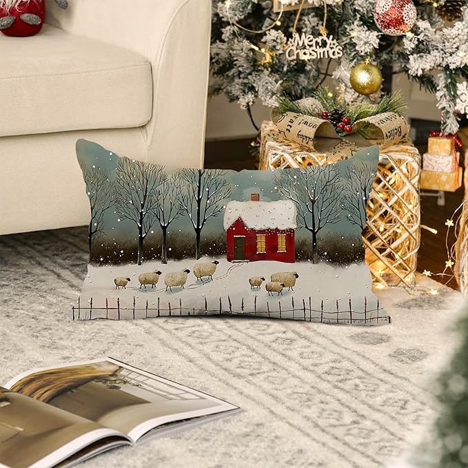 Christmas Pillow Covers - 12x20 Watercolor Snowflake Rustic Style Nature Forest Sheep Decorative Throw Pillows for Winter Decor