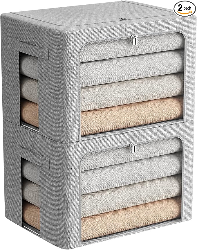 2 Pack Clothes Storage Bins Stackable Metal Frame Storage Box Large Capacity Foldable Linen Fabric Box Organizer with Carrying Handles and Clear Window (Light Gray, 19.7x 15.7x 12.6 Inch)
