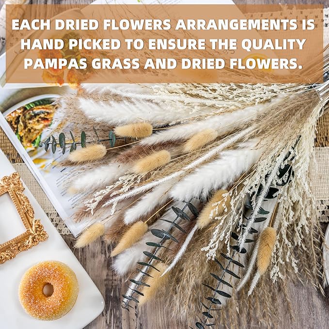 Boho Decor Pampas Grass and Eucalyptus Bouquet,pompas Grass Dried Flowers Arrangement for Centerpiece Table Decor,Wedding,Home,Room,Rustic Decor