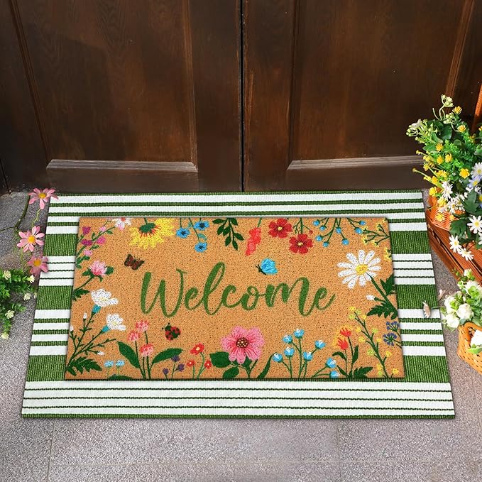 2 Pcs Floral Welcome Doormat Flower Outdoor Welcome Mats for Front Door Non Slip Wildflower Coir Floor Mat Green White Stripe Layering Rug for Outside Front Porch Entryway Decor