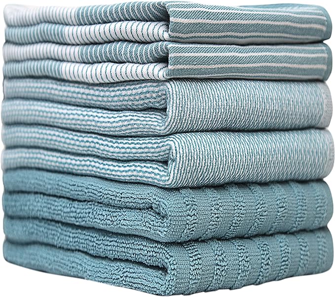 Premium Kitchen Towels (20”x 28”, 6 Pack) | Large Cotton Hand Dish Flat & Terry Towel Highly Absorbent Tea Set with Hanging Loop Aqua