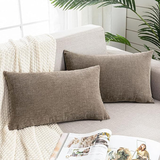 GAWAMAY Lumbar Pillow Decorative Rectangle Throw Pillow Covers 12"x20" Inch Set of 2, Super Soft Chenille Pillowcase for Living Room Bedroom Sofa Couch Cushion Cover Taupe Grey 30x50cm (ONLY Covers)