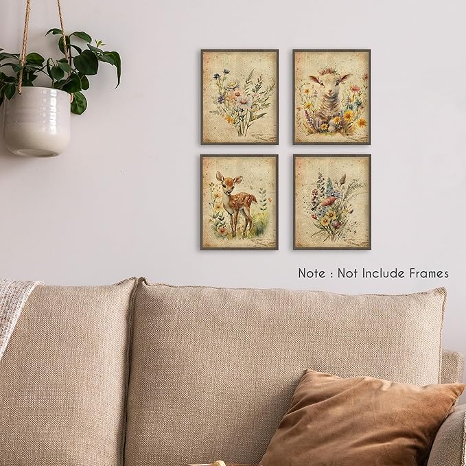 HRQKO Vintage Wildflower Animal Wall Art Poster Prints Set of 4, Botanical Wall Art, Wildflower Artwork Printing Posters Wall Decor, Farm Deer Lamb Decor for Living Room Bedroom 8”x10” Unframed