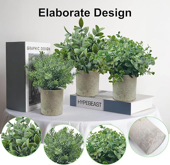 USLAI 3-Pack Mini Fake Plants, Artificial Potted Eucalyptus Faux Plants Topiaries for Home Office Shelf Desk Farmhouse Room Coffee Table Decor