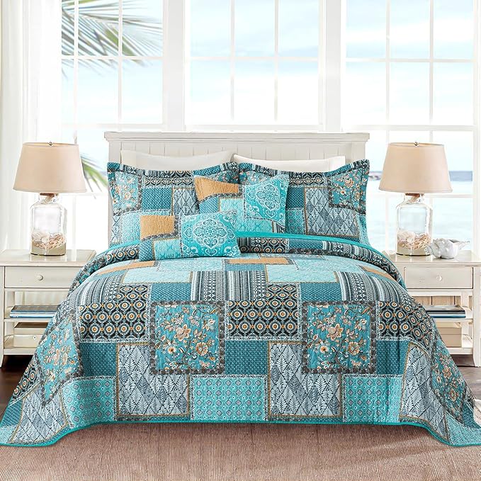 VAPUTAR Oversized King Size Quilt Bedding Set - Cotton California King Size Bedspreads (108 * 118 in) - Lightweight Floral Quilts for Farmhouse Bedroom (Teal/Green Chic, 3 Pieces)