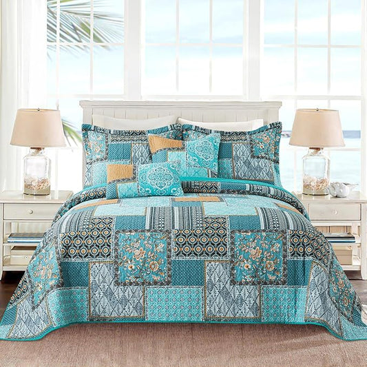 VAPUTAR Oversized King Size Quilt Bedding Set - Cotton California King Size Bedspreads (108 * 118 in) - Lightweight Floral Quilts for Farmhouse Bedroom (Teal/Green Chic, 3 Pieces)