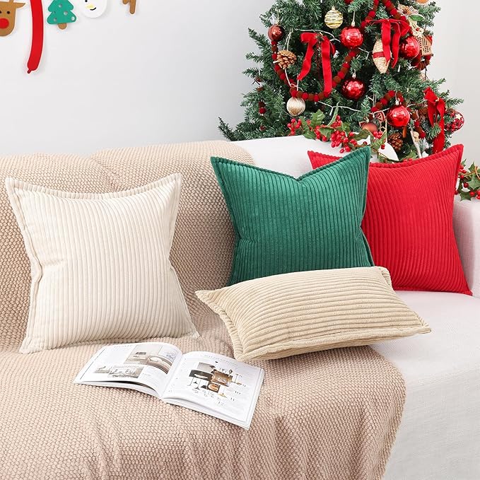Mecatny Corduroy Throw Pillow Covers 26x26 Set of 2, Neutral Decorative Soft Boho Couch Pillow Covers with Broadside for Sofa Living Room, Green