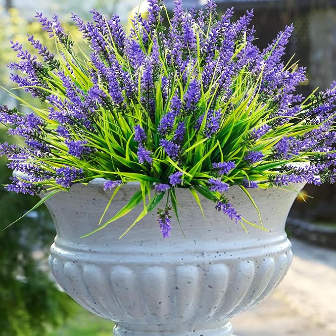 44 Pcs Artificial Outdoor Flowers Lavender Fake Greenery Plants UV Resistant Grass with Purple Flowers for Pot Decor for Window Garden Patio Hanging Planter Pathway Front Porch (44, Purple)