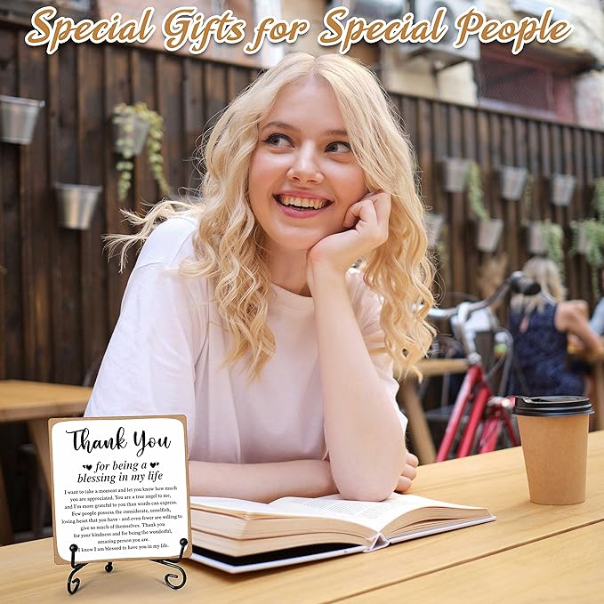 Thank You Gifts for Women Men Friends Mom, Thank You for Being A Blessing in My Life Wooden Plaque with Stand, Thanksgiving Day Gifts for Family Member Desk Decor - B75