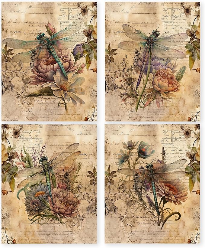 HRQKO Vintage Retro Dragonfly Flower Wall Art Poster Prints Set of 4, Dragonfly Floral Pictures Artwork Printing Posters Wall Decor, Blossom Botanical Prints for Bathroom Living Room 8”x10” Unframed