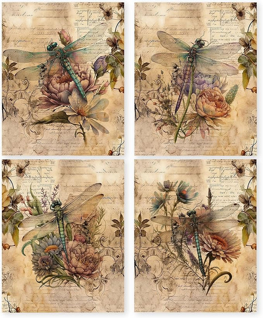 HRQKO Vintage Retro Dragonfly Flower Wall Art Poster Prints Set of 4, Dragonfly Floral Pictures Artwork Printing Posters Wall Decor, Blossom Botanical Prints for Bathroom Living Room 8”x10” Unframed