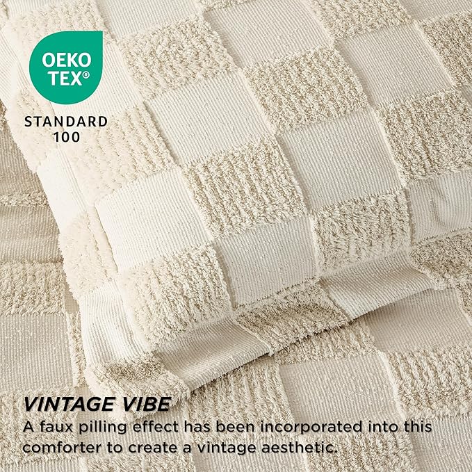 Bedsure Queen Size Comforter Set Dark Grey, Boho Tufted Bed Set, Checkered Farmhouse Shabby Chic Bedding, 3 Pieces, 1 Plaid Geometric Comforter and 2 Pillow Shams