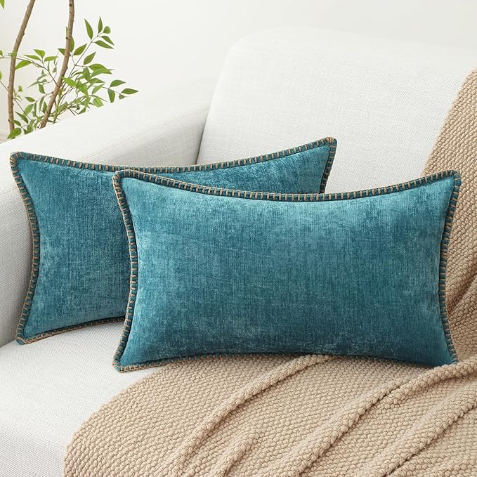 decorUhome Chenille Soft Throw Pillow Covers 12x20 Set of 2, Lumbar Velvet Farmhouse Neutral Decorative Euro Pillow Covers with Stitched Edge for Couch Sofa Bed Home Decor, Teal