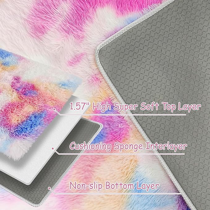 Small Fluffy Colorful Rug for Bedroom Girls 2x3 Mini Kawaii Rainbow Tie Dye Area Rug Fuzzy Unicorn Throw Rug for Living Room Kids Nursery Baby Princess Room Home Decor Aesthetic Carpets