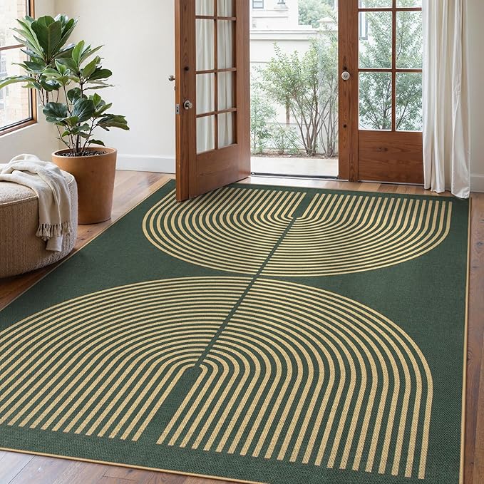 Lahome Modern Rainbow Easy Jute Indoor Outdoor Rugs, 5x7 Dark Green Rug for Living Room Office, Farmhouse Non Slip Non Shedding Floor Carpet for Dining Room Deck Sunroom