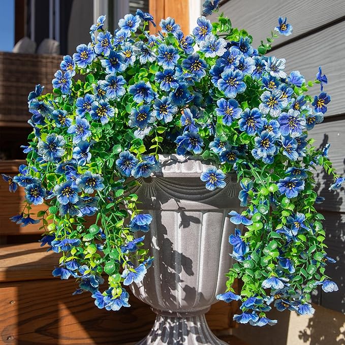 Artificial Faux Hanging Flowers Plant for Fall Outdoor Outside Decoration, 2 PCS Fake Silk Violets with Eucalyptus UV Resistant Realistic Daisy Trailing Vines for Balcony Yard Patio Porch Planter,Blue