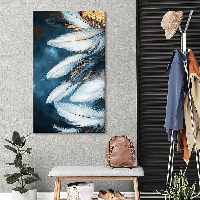 Mofutinpo Blue and Gold Wall Art Navy Blue Pictures for Living Room Feather Canvas Wall Art Blue Bedroom Wall Decor Above Bed Pictures Wall Decor, Painting - Artwork for Walls 20×40IN