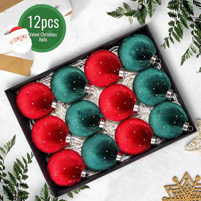 Christmas Tree Ornaments Set Velvet Balls, 12pcs Shatterproof Christmas Bulbs Ornaments for Xmas Tree Decorative Hanging, Vintage Flocked Decoration, 78mm, 3.1in, Multicolor Green Red