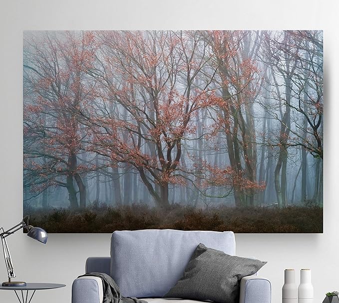 Renditions Gallery Canvas Nature Wall Hanging Art Misty Orange Autumn Trees Forest Modern Artwork for Bedroom Living Room Kitchen Walls - 24"X36" LT08