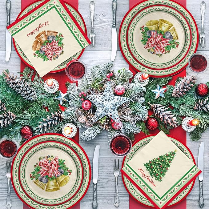 Christmas Party Supplies Kit, Serve 50, Christmas Tree Disposable Dinnerware Includes: Paper Dinner Plates, Dessert Plates, and Napkins, Great for Merry Christmas Party Decorations