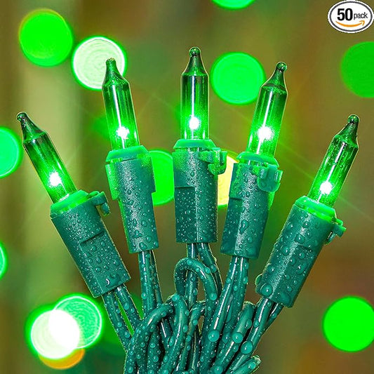 50-Count Green Christmas Tree Lights with Green Wire,13ft Incandescent Bulb Waterproof Fairy Lights，Plug in Mini String Lights for Holiday Decorations, Party, Xmas, Yard, Indoor & Outdoor