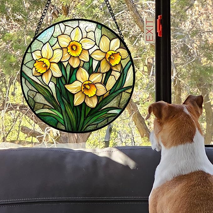 Stained Glass Window Hanging, Daffodil Plant Flowers Sun Catchers Diamond Glass Panel Hangings Suncatcher Decor for Birthday for Women, Men, Wife, Aunt, and Mom 14.9x14.9 in