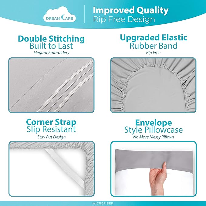 DREAMCARE Sheets Full Size Bed - Cooling Bed Sheets - 6pcs Set - Full Sheet Set - Full Size Sheets - Full Size Sheet Sets Soft & Long Lasting 100% Fine Brushed Polyester with Side Pocket - Light Gray