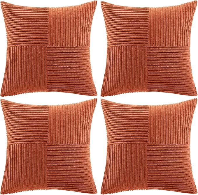 Fancy Homi Set of 4 Burnt Orange Decorative Throw Pillow Covers 18x18 Inch for Living Room Couch Bed, Boho Farmhouse Fall Home Decor, Soft Textured Corduroy Cross Patchwork Cushion Case 45x45 cm