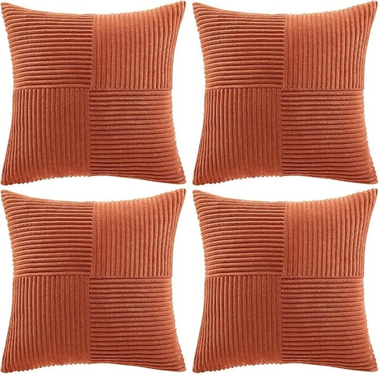 Fancy Homi Set of 4 Burnt Orange Decorative Throw Pillow Covers 18x18 Inch for Living Room Couch Bed, Boho Farmhouse Fall Home Decor, Soft Textured Corduroy Cross Patchwork Cushion Case 45x45 cm