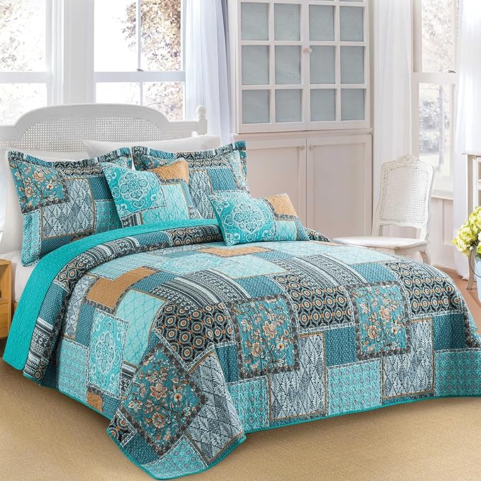 VAPUTAR Cotton Quilt Queen Size Bedding Set - 3 Pieces Queen Quilt Bedding Set, Boho Queen Size Quilts, Lightweight Reversible Coverlets Bedspreads for Farmhouse Bedroom (Teal/Green Chic)