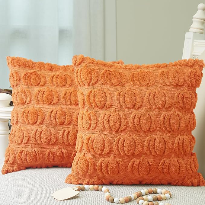 GEEORY Fall Pumpkins Soft Plush Pillow Covers, 16 x 16 Inch Set of 2, Fluffy Faux Fur Wool Decorative Farmhouse Cushion Case for Sofa Home Decoration Orange GC018-16