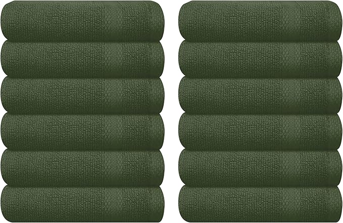 GLAMBURG Ultra Soft 12-Piece Washcloths Set 13x13-100% Ringspun Cotton - Durable & Highly Absorbent Face Towels - Ideal for use in Bathroom, Kitchen, Gym, Spa & General Cleaning - Olive Green