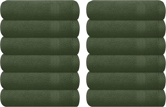 GLAMBURG Ultra Soft 12-Piece Washcloths Set 13x13-100% Ringspun Cotton - Durable & Highly Absorbent Face Towels - Ideal for use in Bathroom, Kitchen, Gym, Spa & General Cleaning - Olive Green