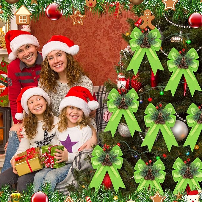 Syhood 6 Pcs Christmas Velvet Bow with Pine Cones Pine Needles Berries Xmas Lime Green Ribbon Bow Ornaments 6.3 x 5.1 Inch for Christmas Tree Wreath Garden Fireplace Crafts DIY Decor