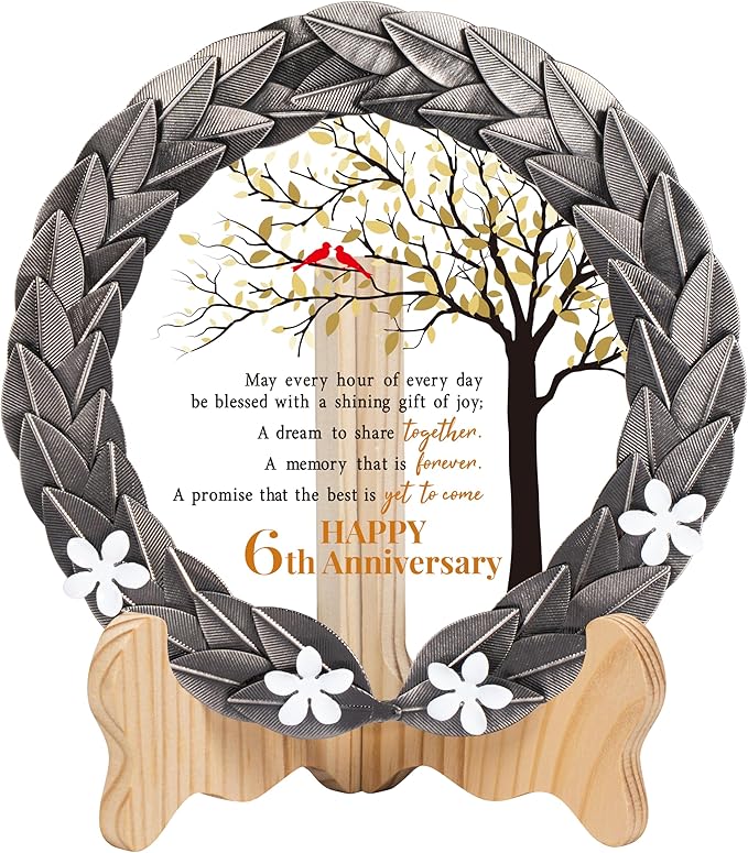 6th Anniversary Wedding Gifts Crystal Plate with Iron Leaf Wreath – 6 Years Iron Ideas for Couple or Parents – Cardinal Style