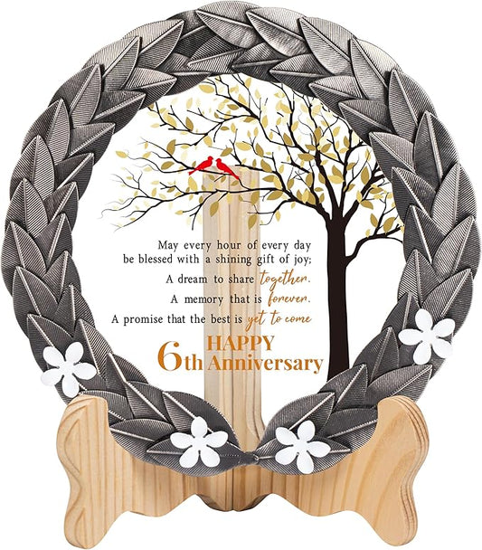 6th Anniversary Wedding Gifts Crystal Plate with Iron Leaf Wreath – 6 Years Iron Ideas for Couple or Parents – Cardinal Style
