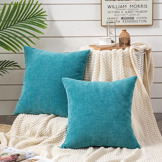 GAWAMAY Decorative Chenille Throw Pillow Covers 24x24 Inch Pack of 2, Soft Square Couch Pillow Cover for Sofa Cushion Living Room Bedroom Solid Dyed Pillowcases Teal 60x60cm (ONLY Covers)