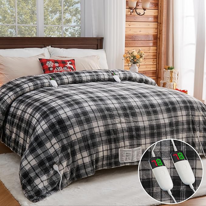 Black Electric Heated Blanket King Size, 90X100 Black Blanket with Dual Control&10 Heats Levels&Timer for Bed,Large Plaid Sherpa Heating Blankets Warmer Gifts for Grandma Women Adults,Washable, ETL