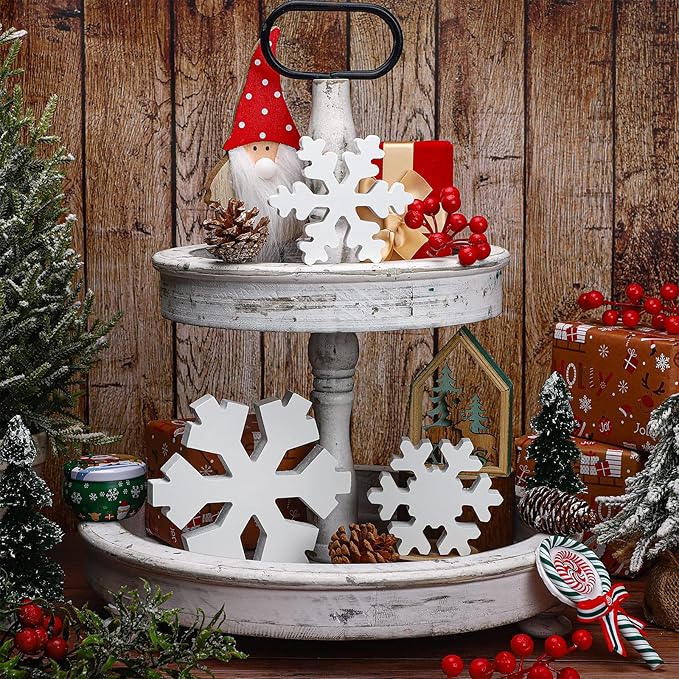 Bucherry 3 Pcs Winter Wooden Snowflake Decor Rustic Winter Snowflake Table Signs Wonderland Wood Blocks Farmhouse Christmas Tiered Tray Decorations for Xmas Table Shelf(White)