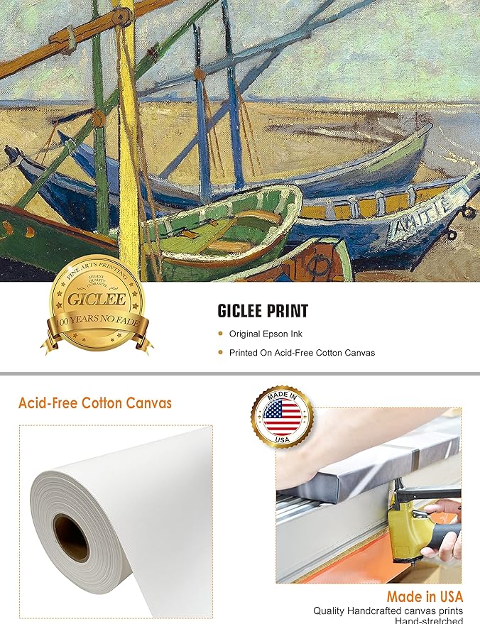 DECORARTS - Boats At Saintes Maire, Vincent Van Gogh Art Reproduction. Giclee Print on Canvas. Wall Art for Home. 40x32