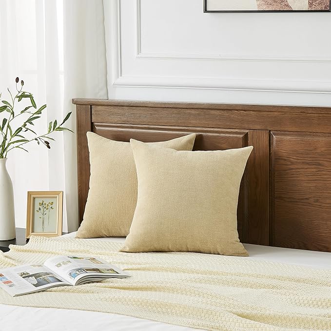GAWAMAY Decorative Square Throw Pillow Covers 20x20 Inch Set of 2, Super Soft Chenille Pillows Farmhouse Fall Pillowcase for Living Room Bedroom Sofa Couch Cushion Cover Khaki 50x50cm (No Insert)