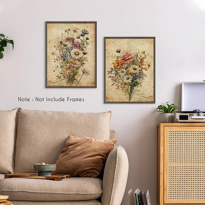 HRQKO Vintage Floral Wall Art Poster Prints Set of 4, Retro Wildflower Artwork Printing Posters, Botanical Flowers Prints for Living Room Bedroom 12"x16" Unframed