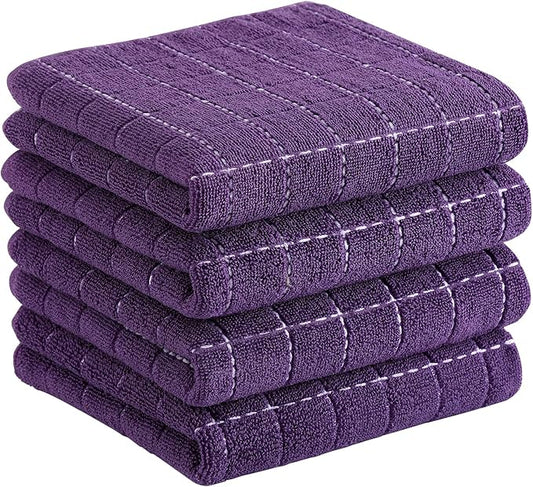 Homaxy 100% Cotton Terry Kitchen Towels(Purple, 13 x 28 inches), Checkered Designed, Soft and Super Absorbent Dish Towels, 4 Pack