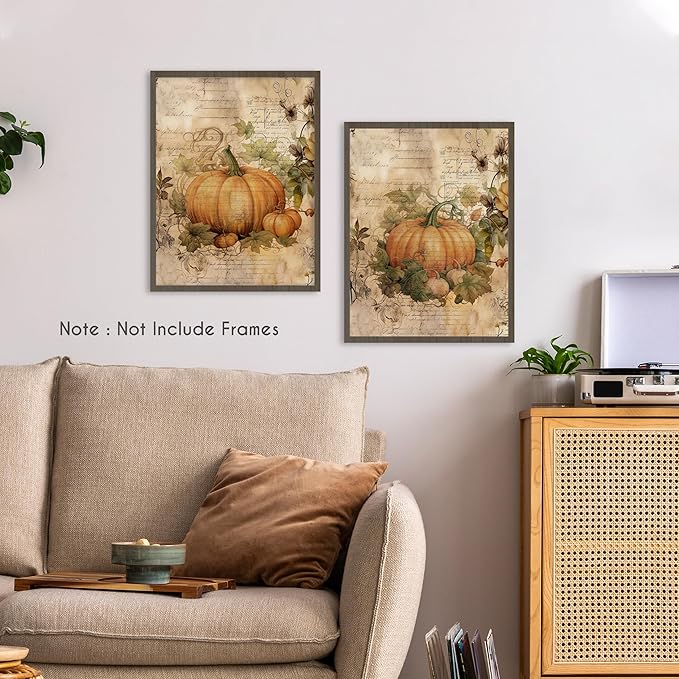HRQKO Vintage Fall Wall Art Poster Prints Set of 4, Pumpkin Farmhouse Artwork for Home Bedroom Kitchen Decor, 12"x16" Unframed