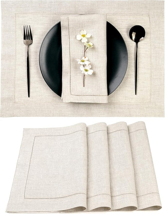 D'Moksha Homes Light Natural Linen Cloth Placemats Set of 4-100% Pure Linen Hemstitch Placemats 14 x 19 Inch - Classic Hemstitch Table Place Mats for Fall, Halloween - Handcrafted, Machine Washable
